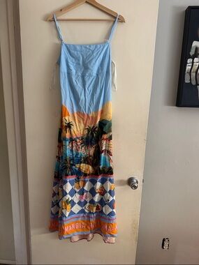 Trina Turk Blue Tropical Scene Maxi Dress